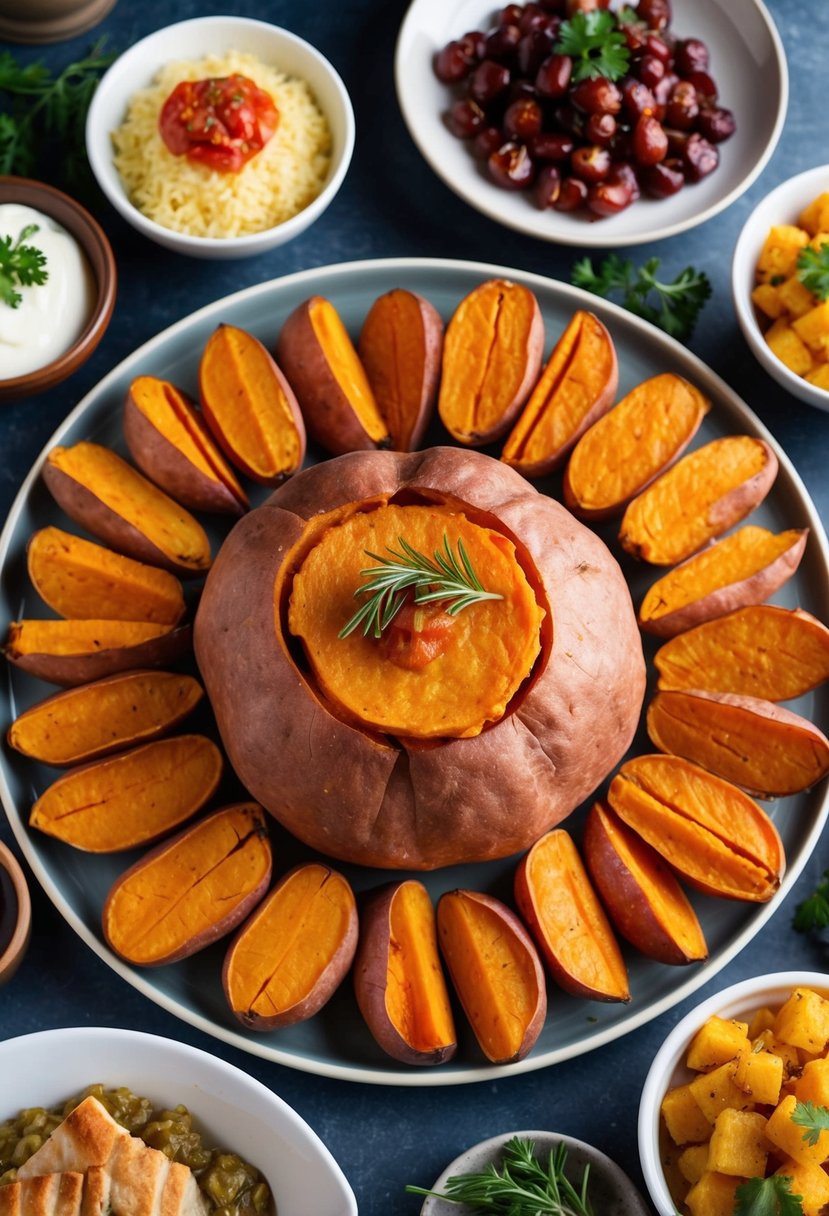 A platter of roasted sweet potatoes surrounded by 20 different side dishes for ham
